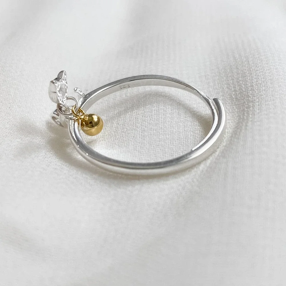 S925 Silver Cat Gold Bell Ring